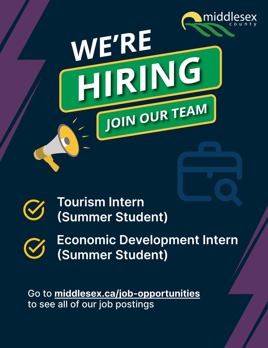 Middlesex County is looking for a Tourism Intern and an Economic Development Intern this summer! 

For more information and to apply today, go to:

🔹 Tourism Intern: bit.ly/3XGDksr
🔹 Economic Development Intern: bit.ly/3DTgMOu