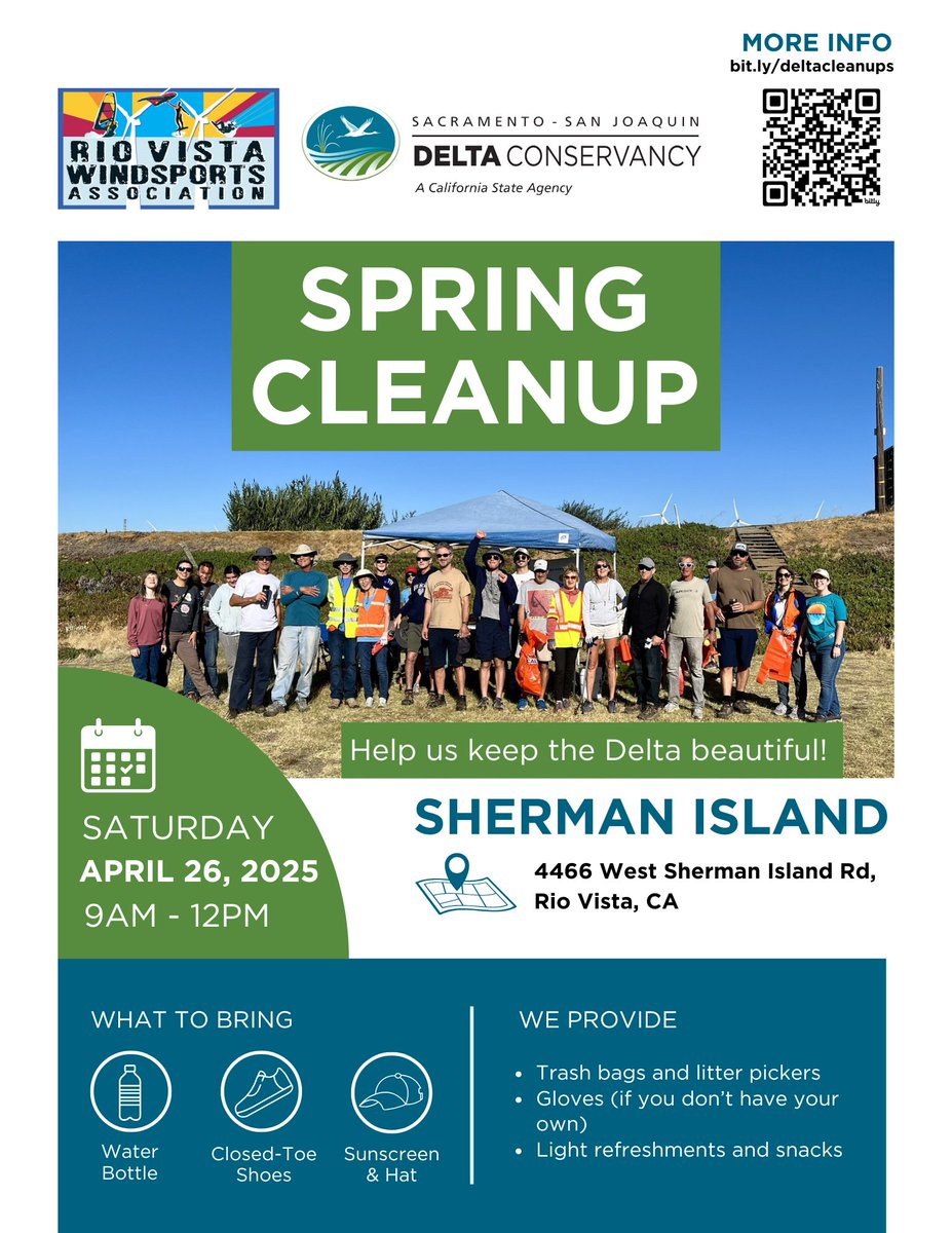 Save the date: Our 2025 Spring Cleanup with the Rio Vista Windsports Association is coming up later this month. Help us beautify a stretch of the Sacramento River!

📅: April 26, 2025
⏰: 9 a.m. to 12 p.m.
📍: Sherman Island
🌐: deltaconservancy.ca.gov/waterway-clean…