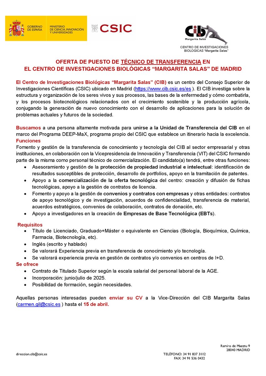 CIB_CSIC's tweet photo. #CIBjobOffer

Candidato para puesto de Técnico de Transferencia.
Licenciado, Graduado+Máster o equivalente en Ciencias. Se valorará experiencia previa en transferencia de conocimiento y/o tecnología y gestión de contratos y/o convenios I+D.

Fecha límite: 15 de abril
Más info👇 https://t.co/AeahxObCe2