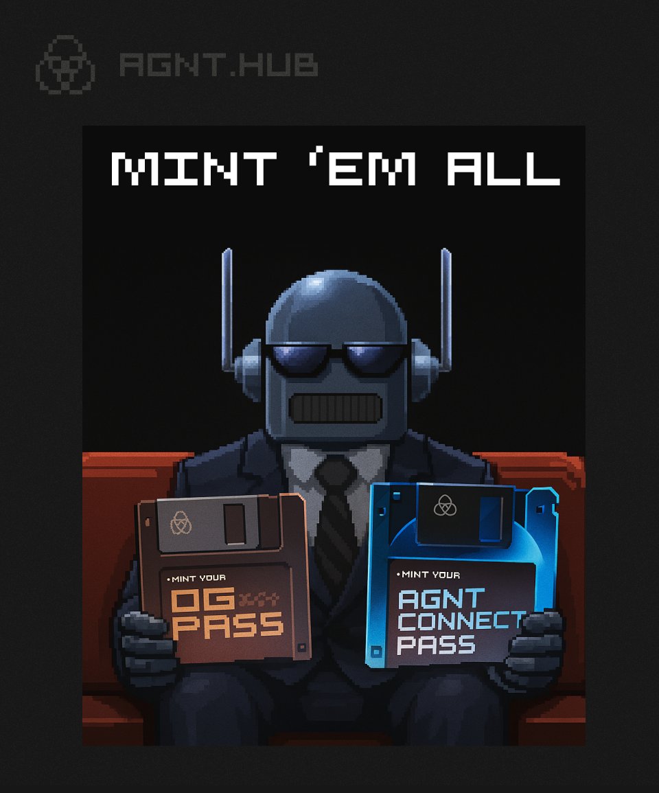 agnt_hub's tweet photo. AGNT OG Pass. AGNT Connect Pass.

Different roles, same mission – unlock AGNT.Hub features and flex like a true degen.

The ecosystem is growing. More passes coming.

Mint 'em all: https://t.co/N1zCsmcuP8

P.S. This art was made by a community member during the Pixel Art Contest. https://t.co/BC9T7VTnNm