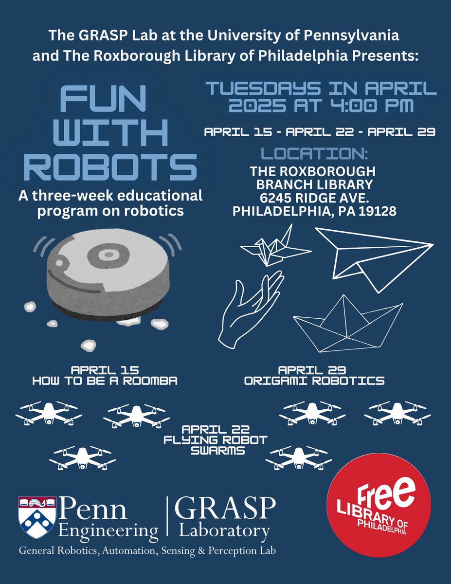 GRASPlab's tweet image. Fun with Robots is BACK at the Roxborough Branch Library! Stay tuned for all announcements in the coming days!
#GRASP #GRASPLab #FunWithRobots #RoxboroughLibrary