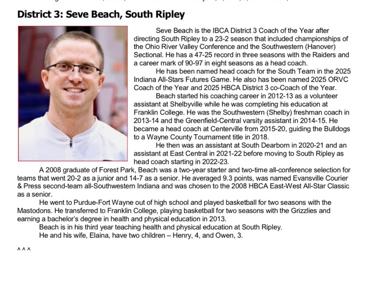 Congratulations to Seve Beach on being named IBCA District 3 Coach of the Year!  Great job, Coach - well deserved!