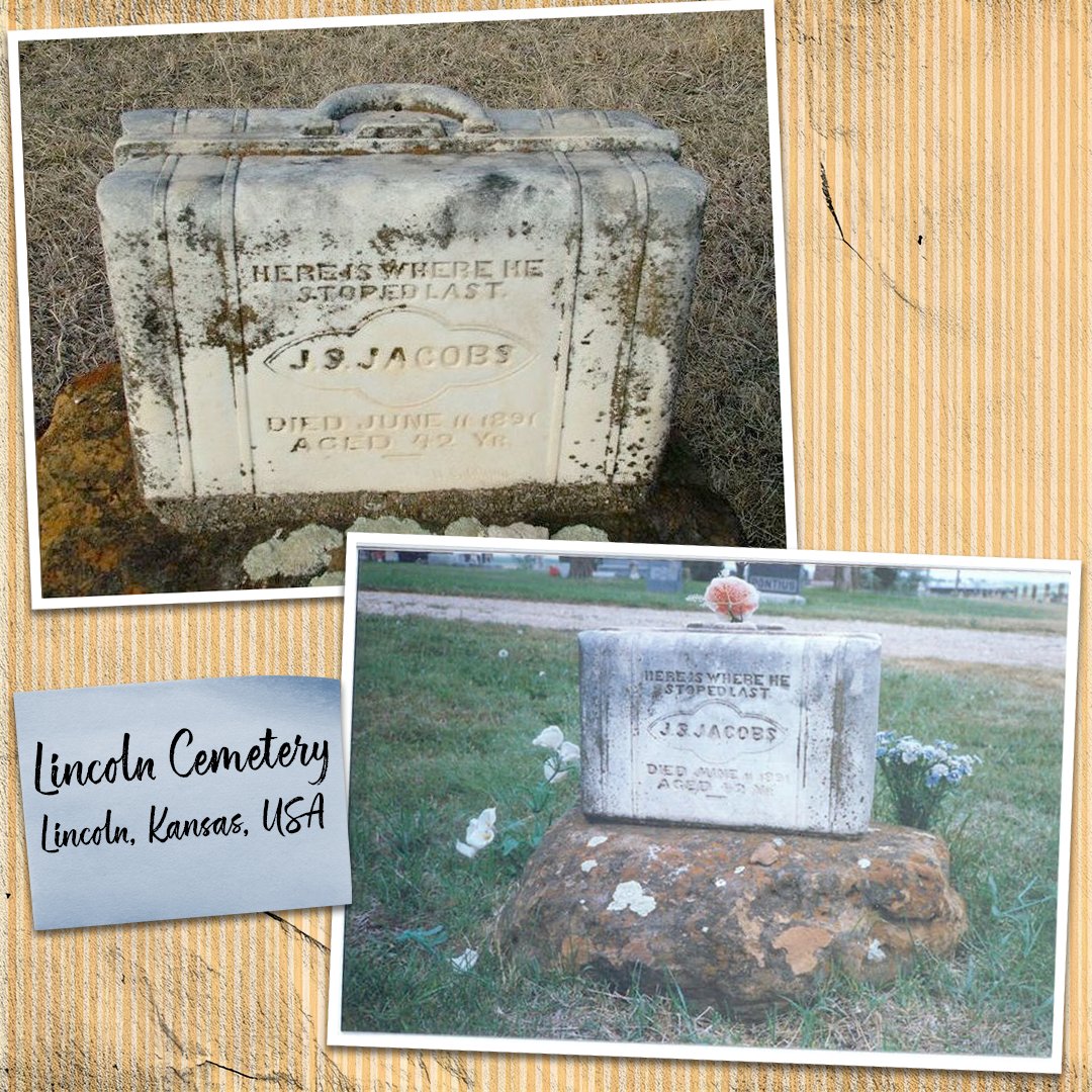 "Here is where he stoped last" is the inscription on this unique suitcase shaped gravestone. Jacobs was a traveling salesman, and the gravestone itself is assumed to have been paid for by his fellow salesmen associates. findagrave.com/memorial/17061…