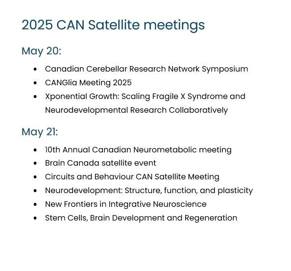 Check out the satellite meetings happening May 20-21 2025 in Toronto, just before the CAN2025 meeting - these are member organized events with specific focus and excellent networking opportunities!
can-acn.org/meeting-2025/2…