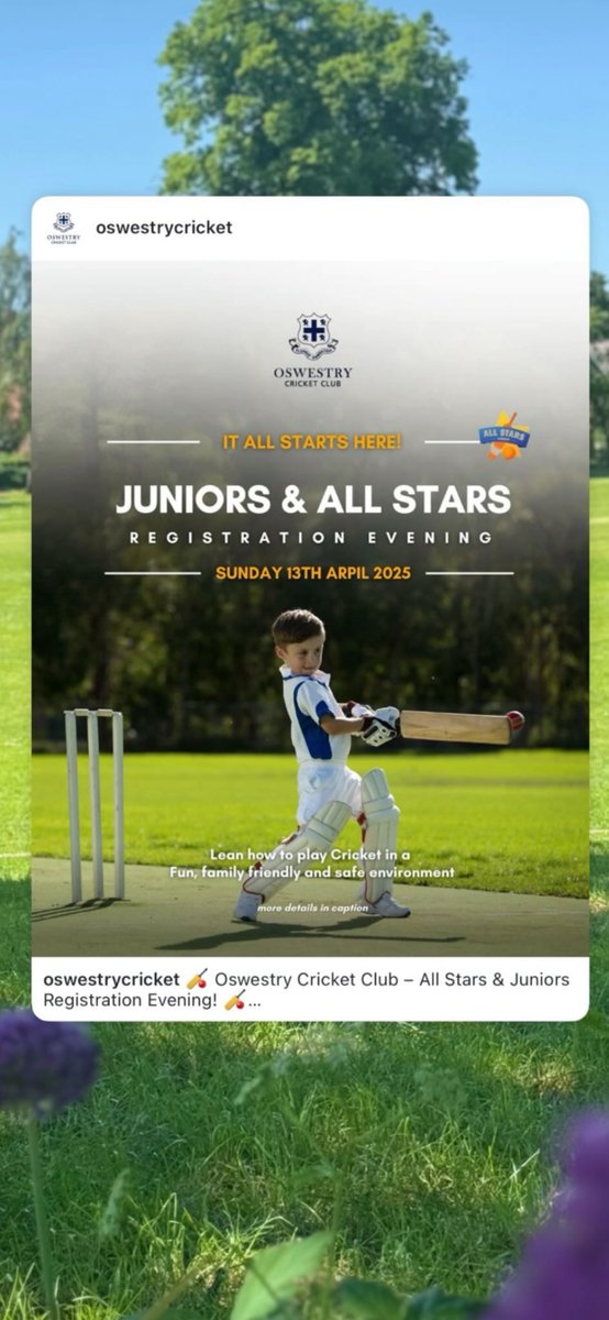 🏏 Juniors &amp; All Stars 
registration evening 🏏 
Sunday 13th April at 5pm
Open to boys and girls age 5 to 15
✅ fun and family friendly environment
✅ qualified coaches
✅ thriving junior and girls sections
For more info contact Steve Humphreys on 07968 932386
#oswestry