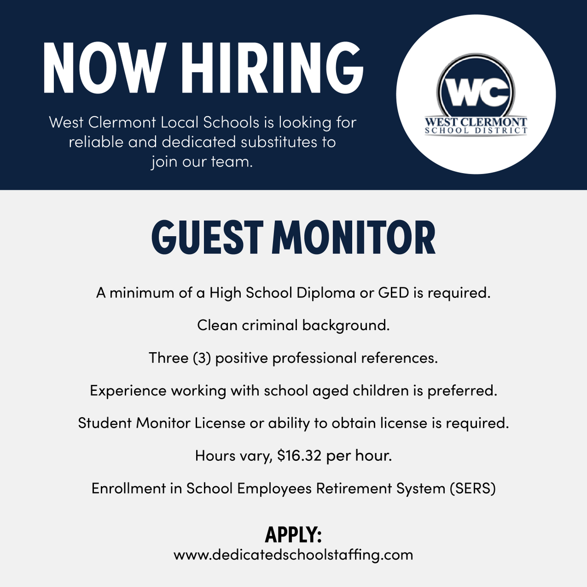 Dedicated School Staffing (@dedicated_ss) on Twitter photo West Clermont Local Schools (<a href="/WestCler/">West Clermont Schools</a>) is looking for individuals that enjoy working with kids and want to help make a positive impact on young lives to become a Guest Monitor. If you are interested please apply here: bit.ly/3OjQB47 or call our office with questions. West Clermont Local Schools (<a href="/WestCler/">West Clermont Schools</a>) is looking for individuals that enjoy working with kids and want to help make a positive impact on young lives to become a Guest Monitor. If you are interested please apply here: bit.ly/3OjQB47 or call our office with questions.