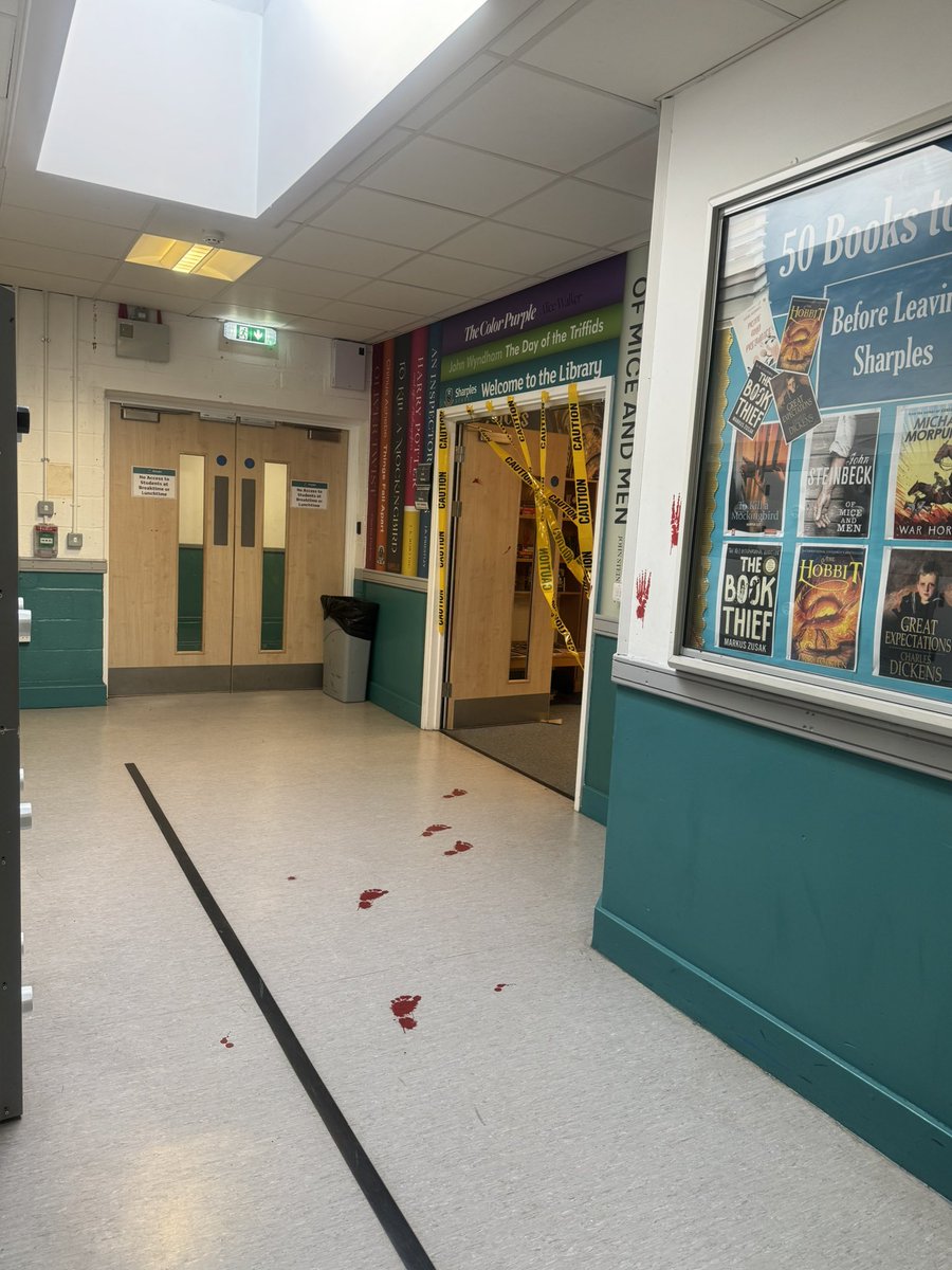 SharplesLibrary's tweet image. The library transformed into the crime scene tonight for our Y6s! The big question on everyone’s mind: Who Killed Mrs Mopp? 
@SharplesSchool @SharplesTransi1