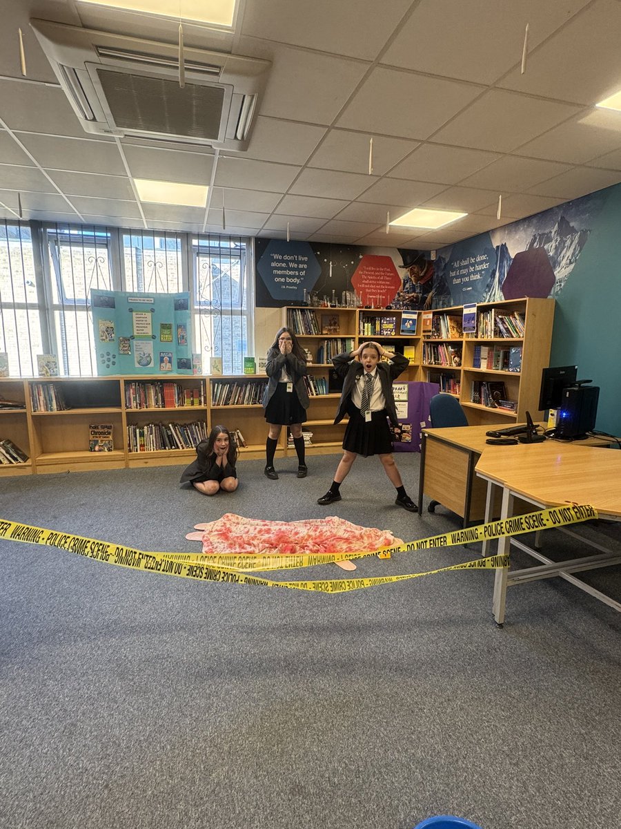 SharplesLibrary's tweet image. The library transformed into the crime scene tonight for our Y6s! The big question on everyone’s mind: Who Killed Mrs Mopp? 
@SharplesSchool @SharplesTransi1