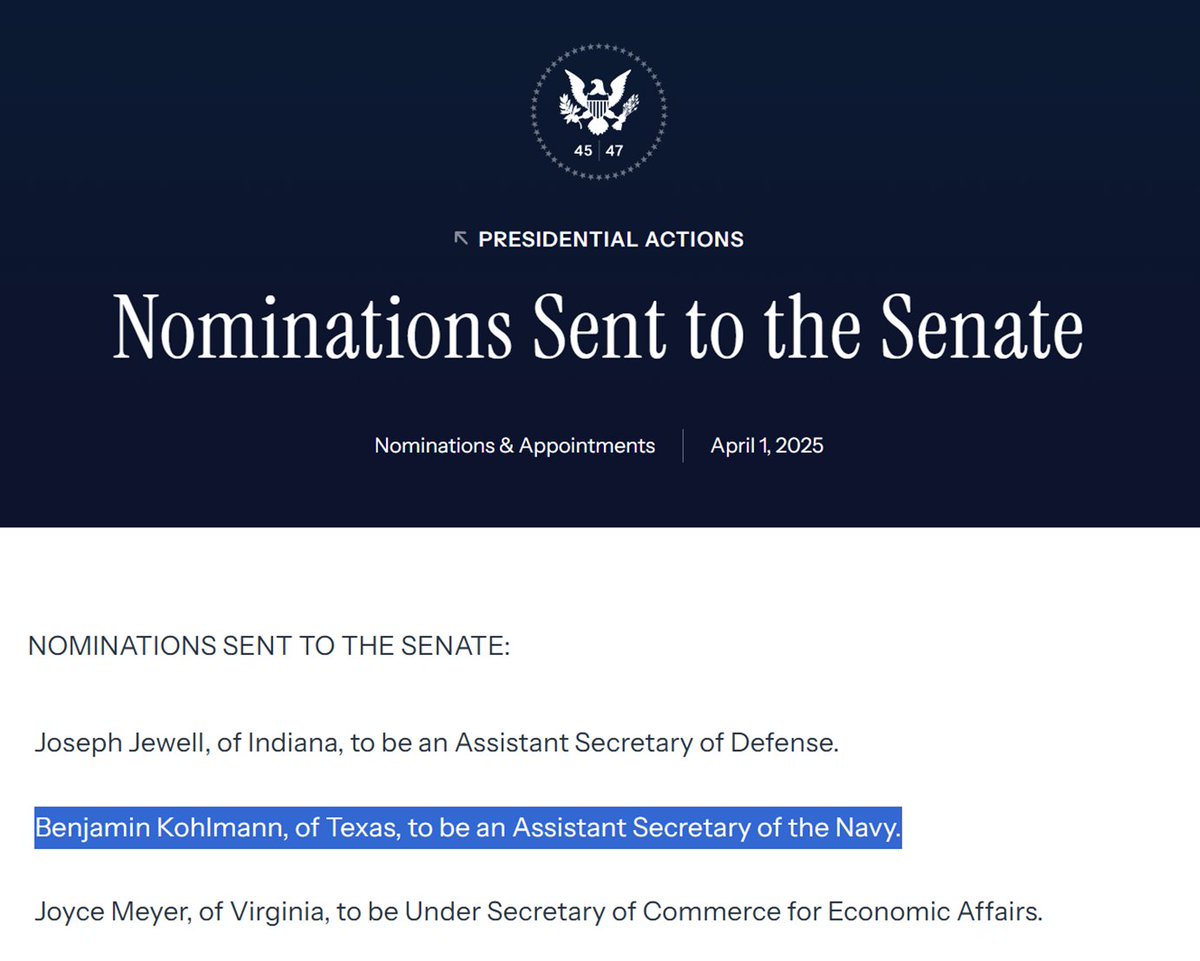 benkohlmann's tweet image. I’m deeply grateful to President Trump for nominating me to be Assistant Secretary of the Navy for Manpower and Reserve Affairs.
If confirmed by the Senate, I’m excited to work with @SECNAV Phelan, and many others in DoD, to ensure strong, capable warfighters, civilians, and…