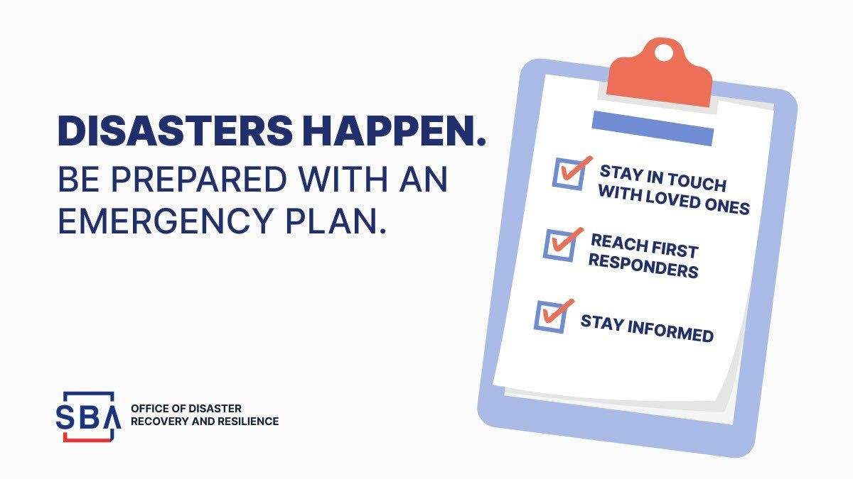 Disasters can strike at any time. #BeReady and make an emergency response plan for your business. Learn more: sba.gov/prepare
