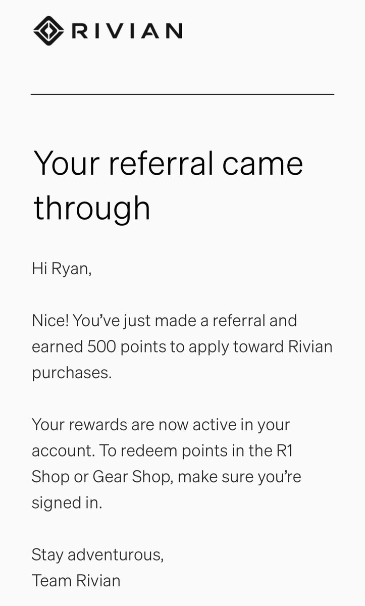 I don’t know who you are, but thanks! Use my referral code to join the Rivian Rewards party 😎 rivian.com/configurations…