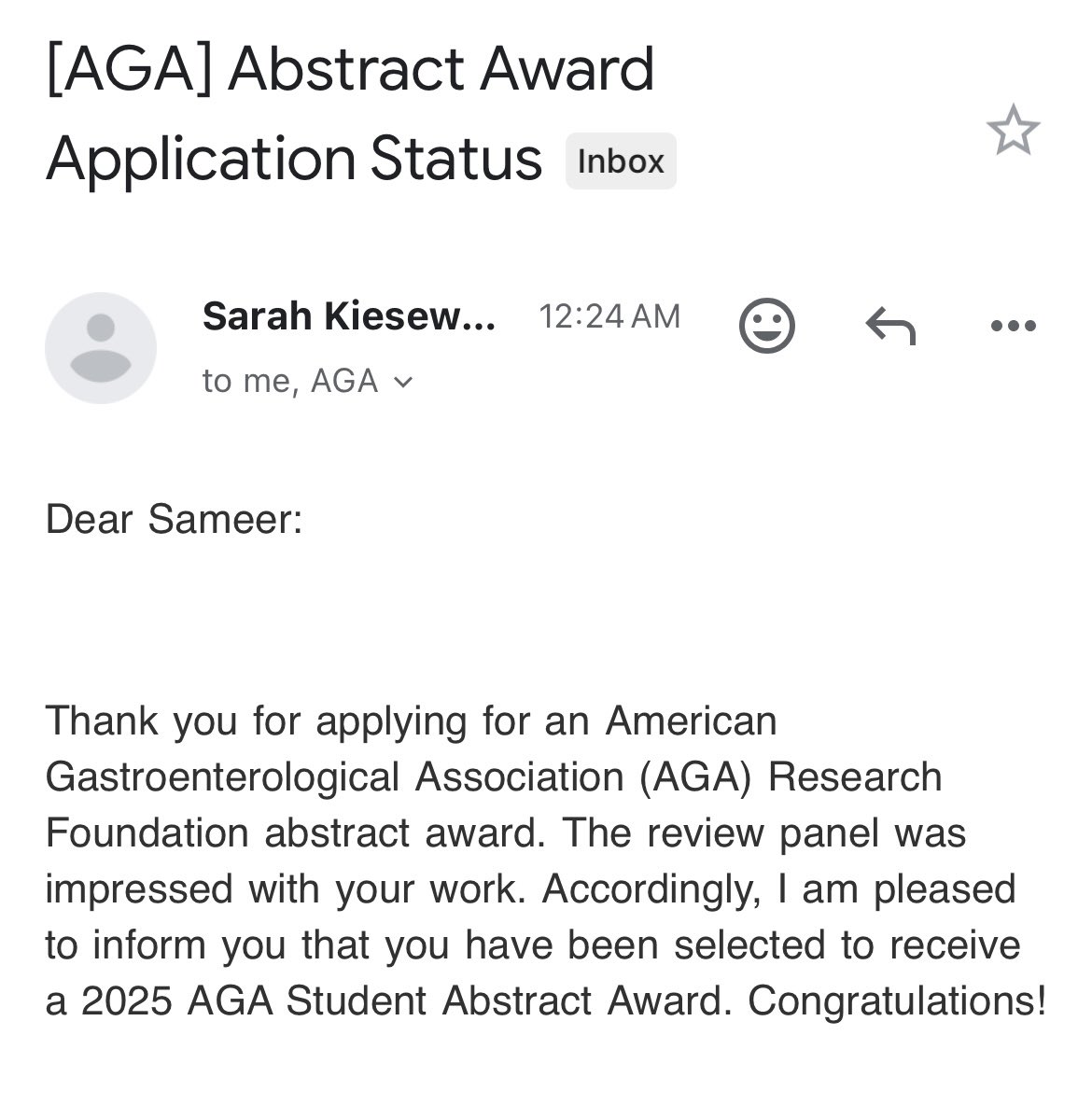 Sameer Rao (@sameerraombbs) on Twitter photo Thrilled to receive an AGA Research Foundation Abstract Award! Huge thanks to my mentor <a href="/mgrover_gi/">Madhusudan (Madhu) Grover M.D., AGAF</a> for his guidance and to <a href="/AmerGastroAssn/">American Gastroenterological Association (AGA)</a> for this recognition. Looking forward to discussing alpha-gal syndrome this year! #DDW2025 #AGA #GI
<a href="/RutgersIMRes/">Rutgers Internal Medicine Residency</a> Thrilled to receive an AGA Research Foundation Abstract Award! Huge thanks to my mentor <a href="/mgrover_gi/">Madhusudan (Madhu) Grover M.D., AGAF</a> for his guidance and to <a href="/AmerGastroAssn/">American Gastroenterological Association (AGA)</a> for this recognition. Looking forward to discussing alpha-gal syndrome this year! #DDW2025 #AGA #GI
<a href="/RutgersIMRes/">Rutgers Internal Medicine Residency</a>
