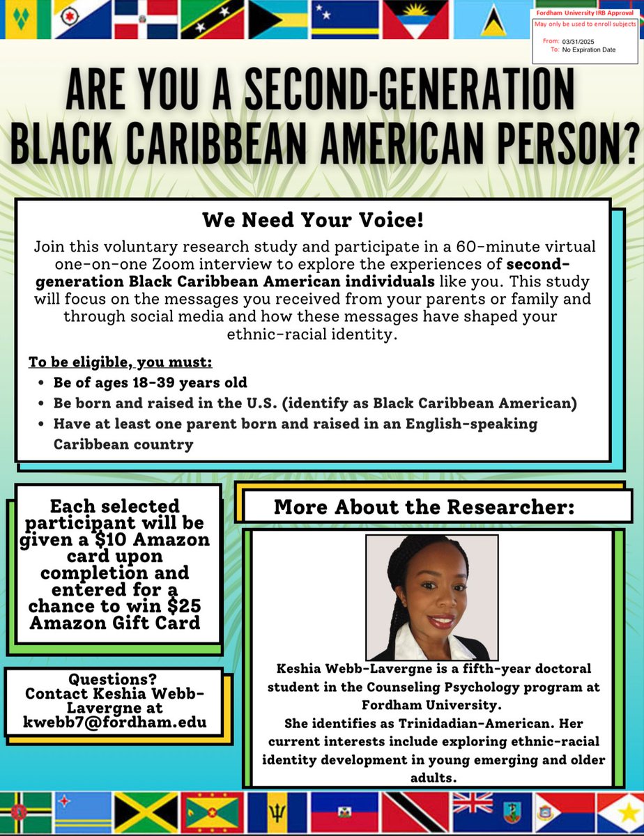Hi folks, please help me get this dissertation recruitment finished up. A girl is trying to graduate 🤭

Please repost or share with anyone you know who might be a potential participant #phdchat #dissertation #recruitment #blackcaribbean #caribbeanamerican
