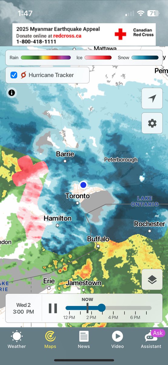 Colourful radar map. It’s snowing and thundering together. I’m sure there some old wise tale that would say…
