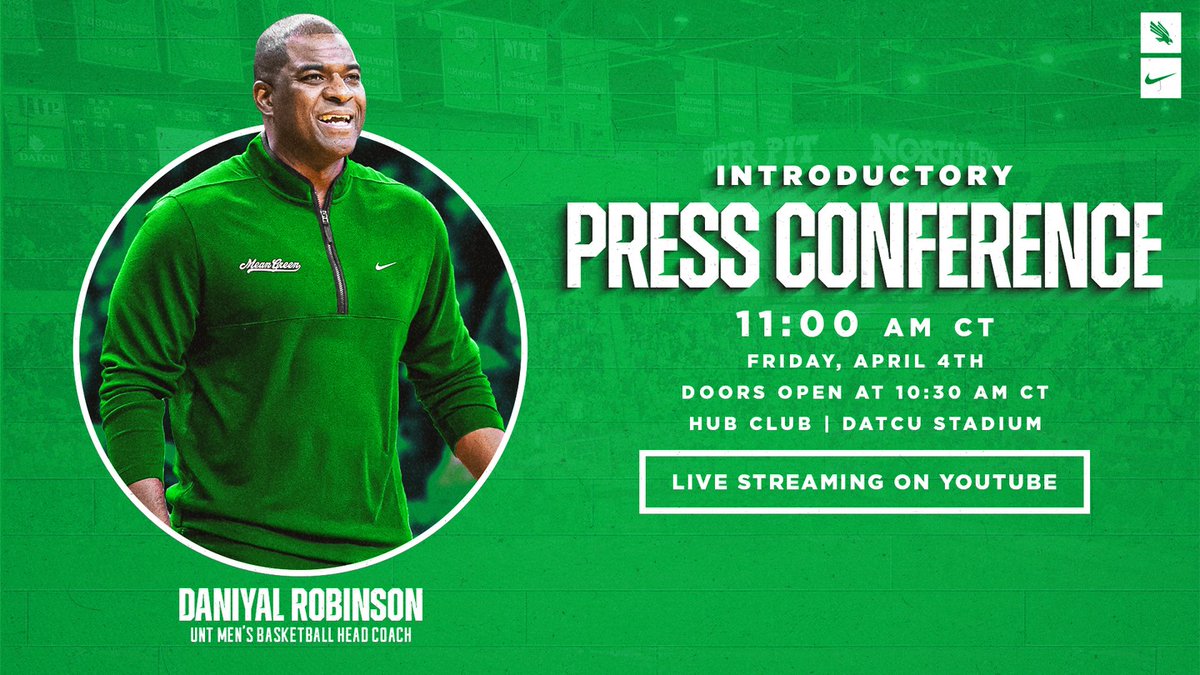 Mean Green Sports (@meangreensports) on Twitter photo Join us Friday, April 4 at 11 a.m. CT for head coach <a href="/Coach_D_Rob/">Daniyal Robinson</a> introductory press conference at the Hub Club in DATCU Stadium! ๐บ
You can also watch LIVE on YouTube!
๐๏ธ northtex.as/3FNfy7O
#GMG ๐ข๐ฆ
x <a href="/MeanGreenMBB/">UNT Basketball</a> Join us Friday, April 4 at 11 a.m. CT for head coach <a href="/Coach_D_Rob/">Daniyal Robinson</a> introductory press conference at the Hub Club in DATCU Stadium! ๐บ
You can also watch LIVE on YouTube!
๐๏ธ northtex.as/3FNfy7O
#GMG ๐ข๐ฆ
x <a href="/MeanGreenMBB/">UNT Basketball</a>