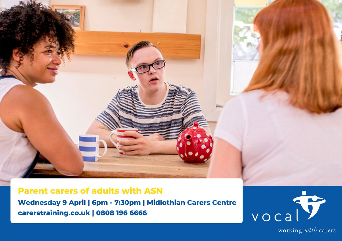 If you care for someone aged 16 or older with Additional Support Needs (ASN), then come along to this informal support group. Connect with other parent carers and share advice in a safe and supportive environment.

Sign up here: ow.ly/ABtG50Vo123