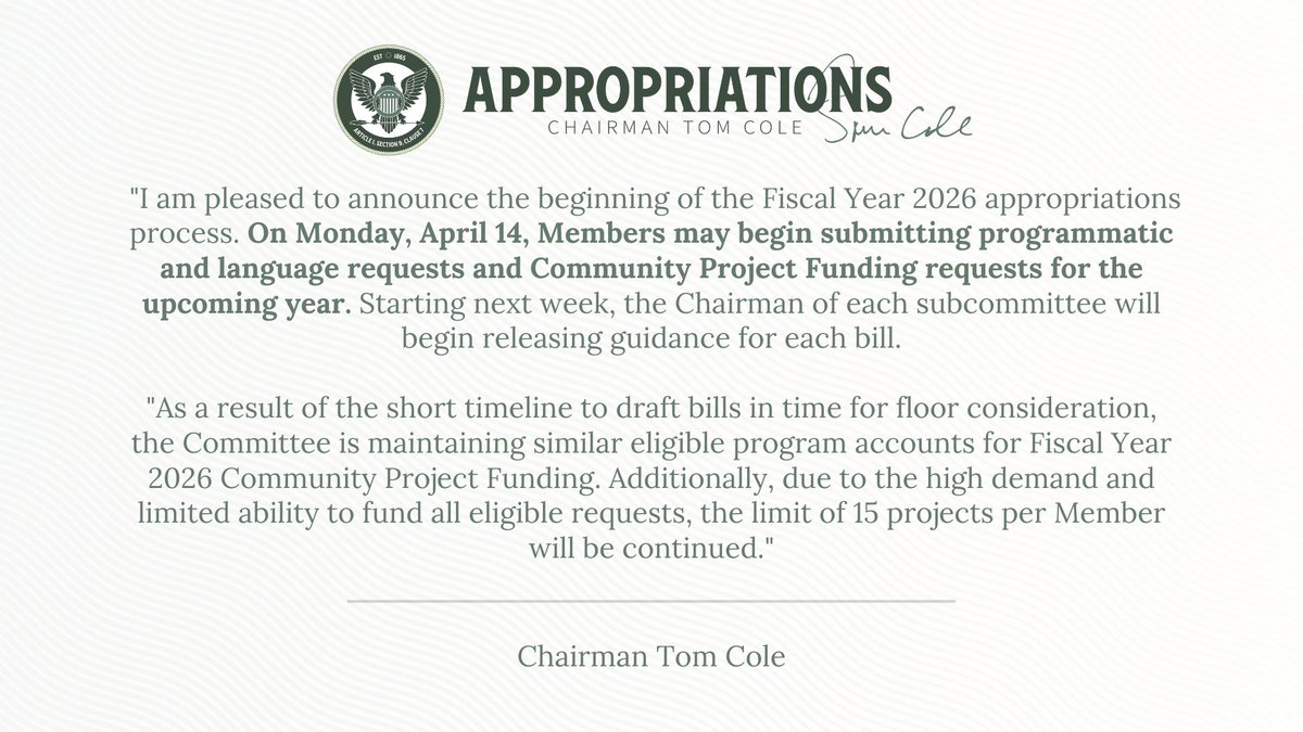 Cole Releases FY26 Programmatic, Language, and Community Project Funding Guidance: bit.ly/4i1HrGx
