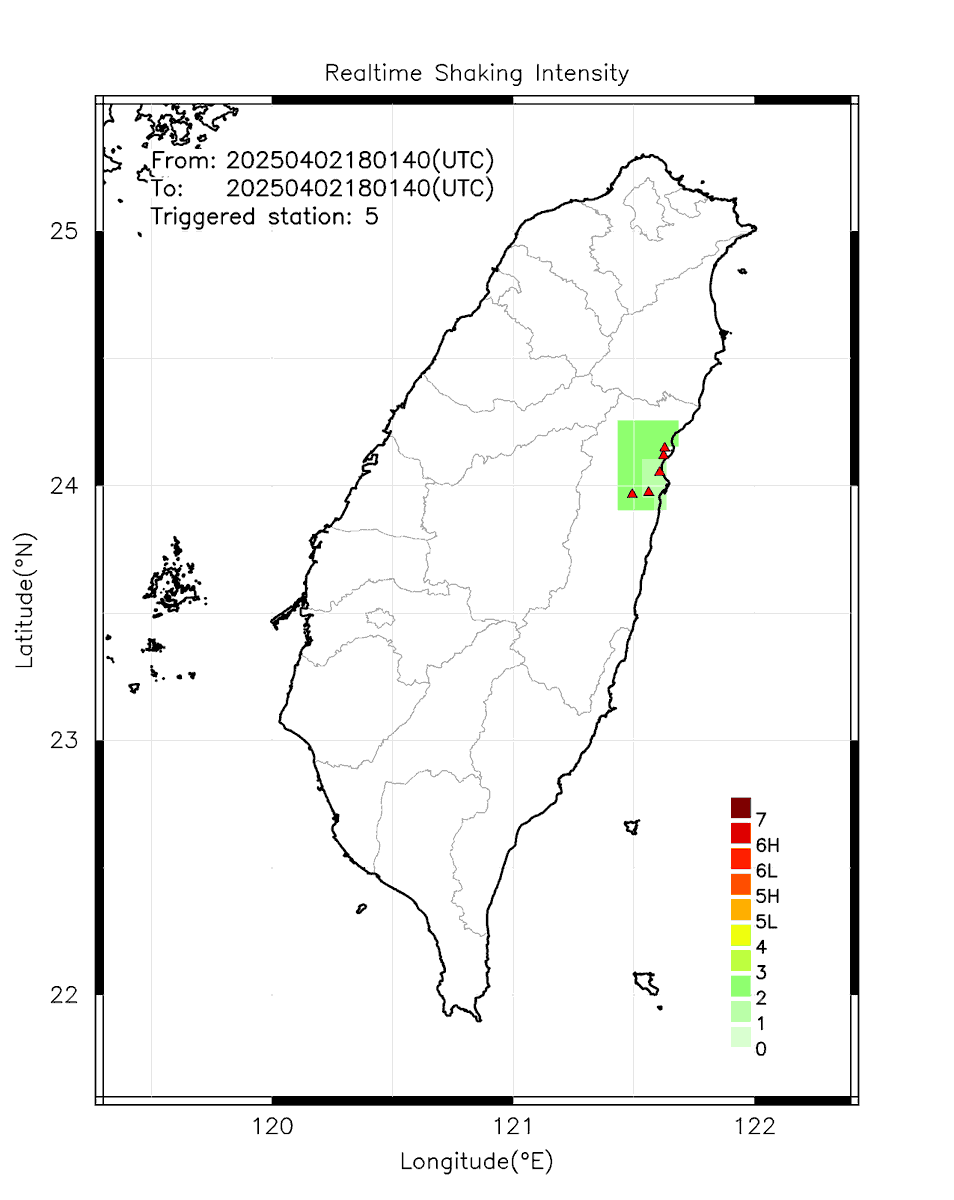 eew_p's tweet photo. Automatically Plotted Shakemaps:
* 2025-04-03 02:01:40 (UTC+08:00, Taipei)
* Evt. 20250403020140, First Report.
* Total 5 triggered stations

Note: These shakemaps are not yet confirmed, for reference only!
#地震 #台灣 #earthquake #Taiwan https://t.co/EwjhmdqjTa