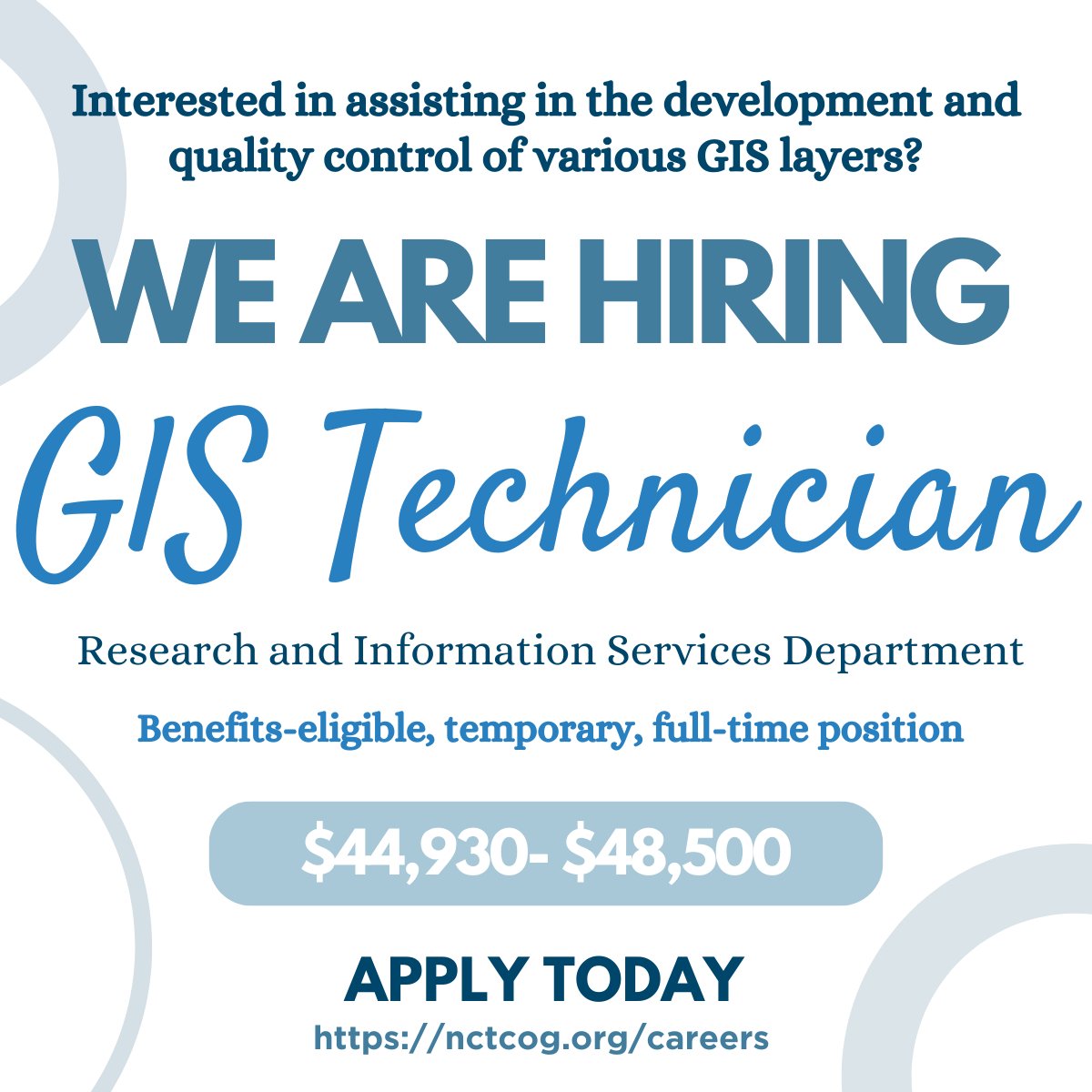 🚨 Now Hiring: GIS Technician
We're seeking a temporary full-time GIS Technician to support the development and quality control of GIS data layers.
📢 Apply now and help shape the region through data!
nctcog.hua.hrsmart.com/hr/ats/Posting…
#GISCareers #ArcGISPro #GeospatialJobs