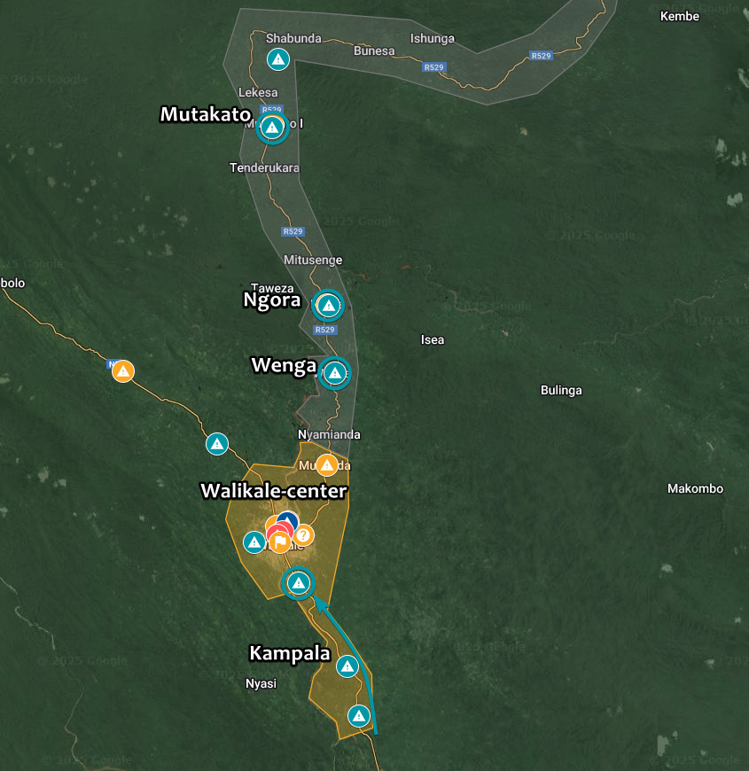 Intelynx's tweet photo. 🇨🇩 #DRC | #Wazalendo forces coming from #Kampala attacked #M23 positions inside of #Walikale-center today. There are some rumours that #Wazalendo forces now control the town. Gunfire has also been reported in #Wenga, #Ngora and #Mutakato on the RP529 road. https://t.co/gExH3R2LJ3