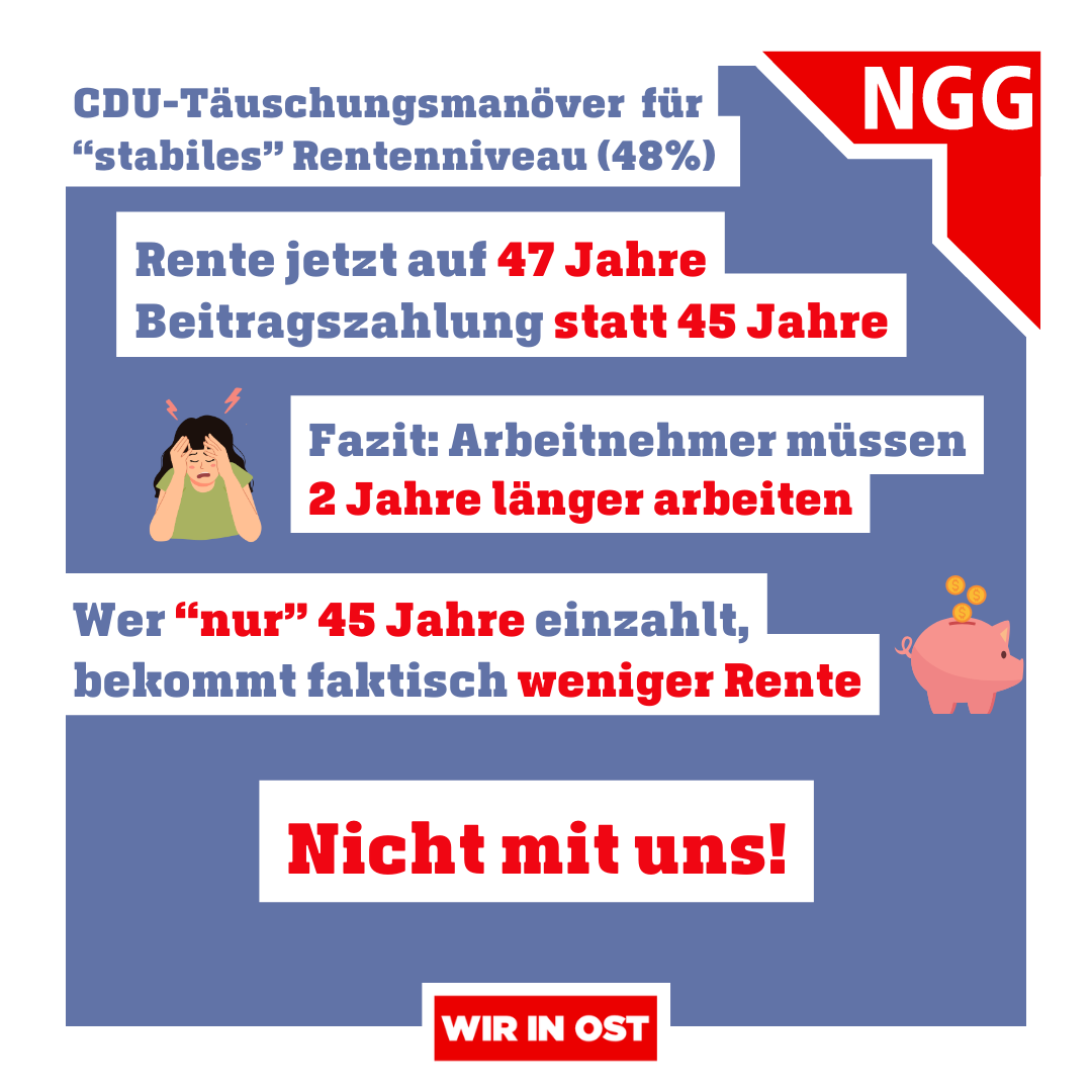 🚨CDU-Täuschungsmanöver: „Stabile Rente“🚨
Alter Wein in neuen Schläuchen? Die CDU nennt es Stabilität – doch in Wahrheit sollen wir 2 Jahre länger einzahlen, um dieselbe Rente zu bekommen. Wir sagen nein! Rentenniveau erhöhen - mindestens 50 Prozent! #Rente #SozialeGerechtigkeit