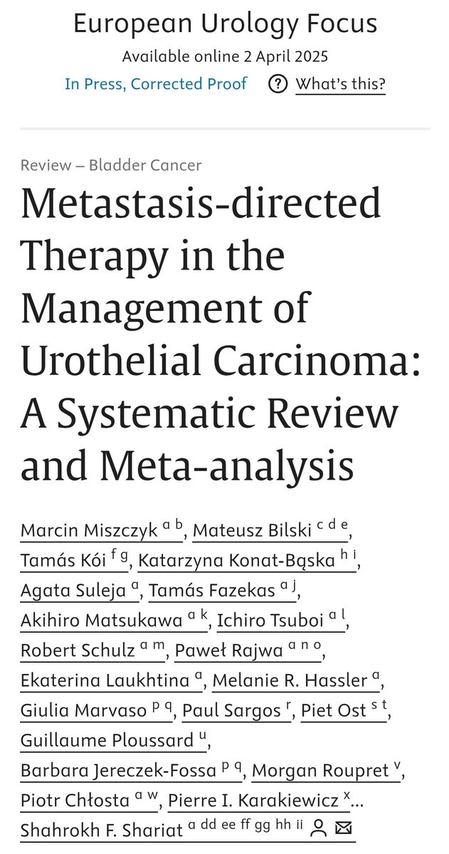 Paul Sargos (@paulsargos) on Twitter photo Just out in <a href="/EuropeanUrology/">European Urology</a>
👌 @martinmiszcyk
⏩Many patients with mUC selected for MDT achieve long-term survival, particularly those with lung metastases
⏩MDT emerges as a promising research direction, with novel systemic therapies capable of eliciting sustained responses Just out in <a href="/EuropeanUrology/">European Urology</a>
👌 @martinmiszcyk
⏩Many patients with mUC selected for MDT achieve long-term survival, particularly those with lung metastases
⏩MDT emerges as a promising research direction, with novel systemic therapies capable of eliciting sustained responses
