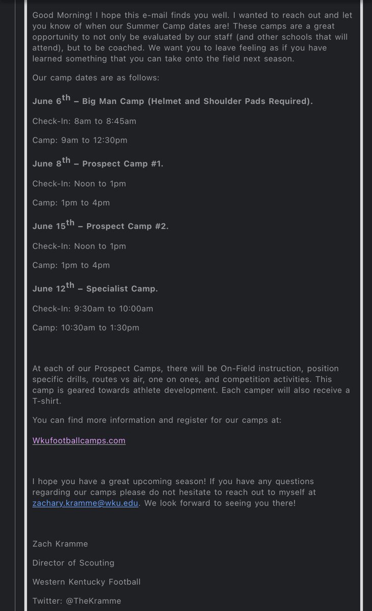 After receiving a this great email I’ve got a camp invite from <a href="/WKUFootball/">WKU Football</a> <a href="/TheKramme/">Zachary Kramme</a>