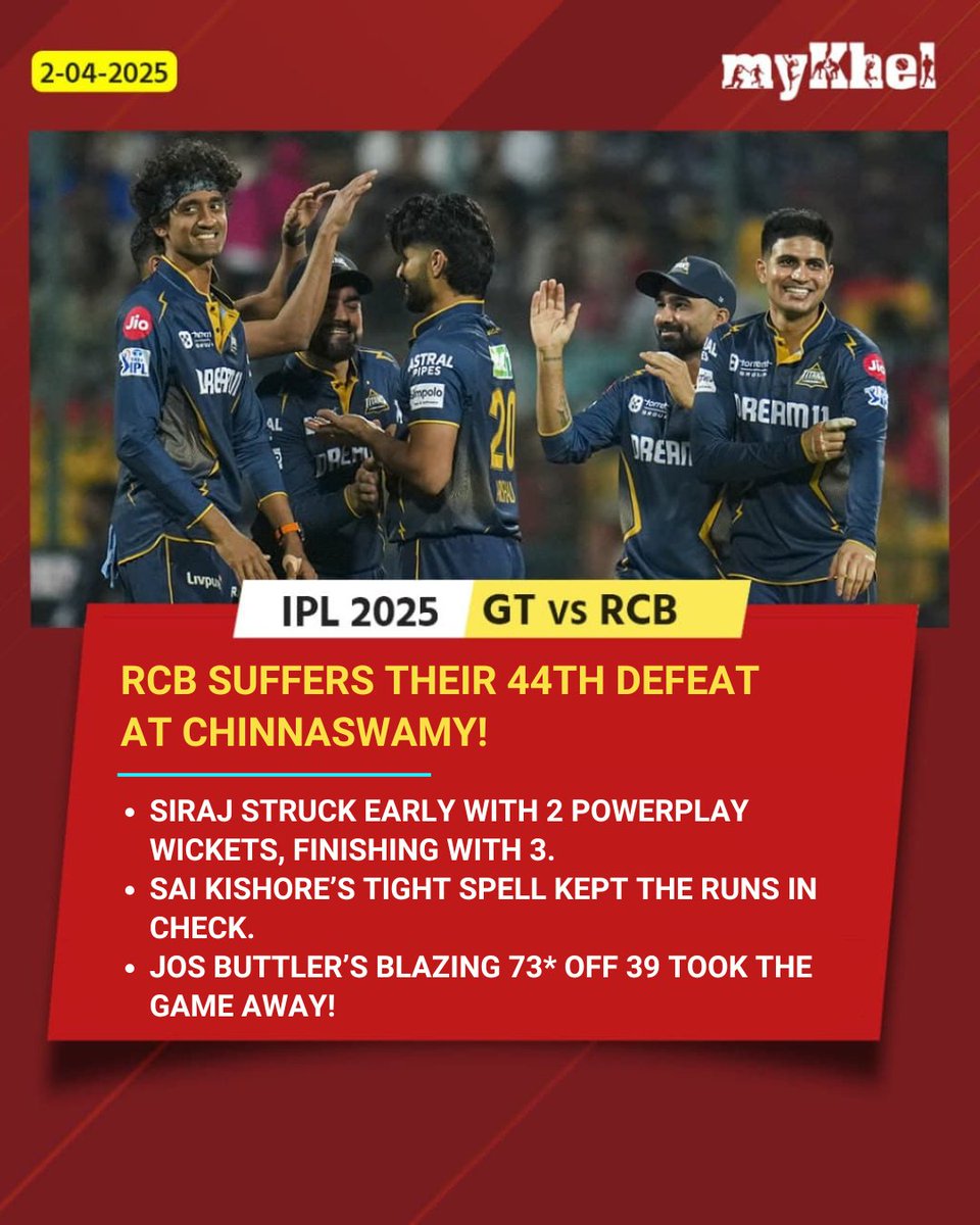 mykhelcom's tweet photo. RCB suffers their 44th defeat at Chinnaswamy

#IPL2025 #IPL #IPLWithMykhel #RCBvsGT #IPLTurningpoint #MohammedSiraj #josbuttler https://t.co/to1cOODC7n