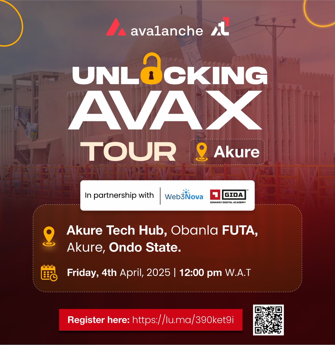 kevin_chibuoyim's tweet photo. This week, the Unlocking @avax Tour is gonna be running a marathon!🔺

📍Akure - this Friday, 4th April. 
🔗: https://t.co/K8bgYjTlfP

📍Ekiti - this Saturday, 5th April. 
🔗: https://t.co/jgKJN8PPQD

📍Kano - next Monday, 7th April.  
🔗: https://t.co/TQRruMJgjA

@AvaxTeam1 🚀🌑 https://t.co/7aVQEOa53N