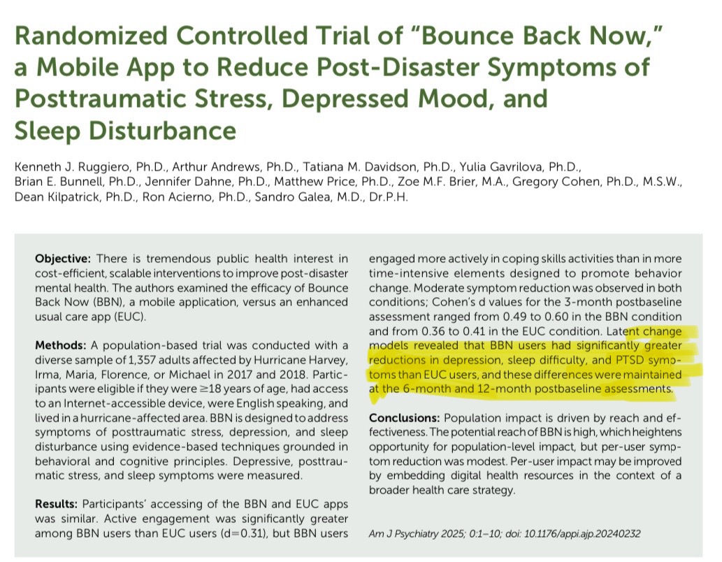 Our paper in Am J Psychiatry is finally out! We found that our Bounce Back Now app was associated with improved PTSD, depressive, and sleep outcomes among disaster-affected adults vs an enhanced usual care app. BBN is now freely available in English and Spanish in the app stores.