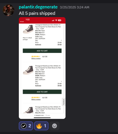 megodadeals's tweet photo. 🔥 Megoda Members stay cooooking! 🔥

Our Bass Pro monitor caught these Thorogood Warehouse Won Athletic Hi-Top Composite Toe Work Shoes for Men—normally $100 a pair—for just $10! That’s a 90% discount! 😱

One member snagged 5 pairs for only $50 (shipped & delivered). $500 worth of boots for $50? Absolute STEAL! 🤑

Would YOU grab these boots for $10 a pair? 👀

Like, retweet, and comment below—one lucky winner gets a FREE week trial to our community! 🎉

#Reselling #Deals #Megoda