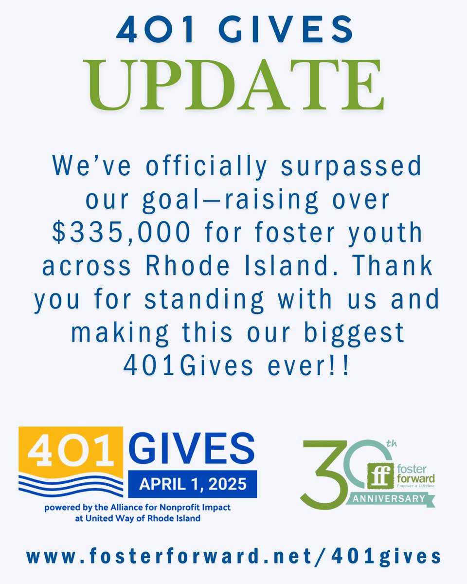 We’ve surpassed our $300K goal—our most successful 401Gives ever! 🎉

Over $335,000 raised (including a surprise anonymous $100K gift!) to support foster youth.

Still time to give before 6PM → fthr-content.fosterforward.net/401Gives-7

#401Gives #FosterForward