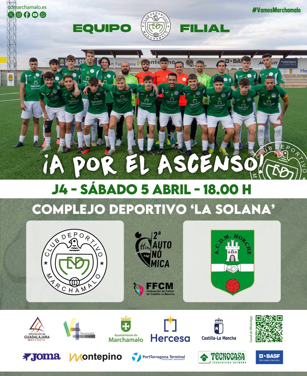 ⚽ | CANTERA |

Nuestro filial vuelve a jugar en casa con la obligación de GANAR.

¡¡Ven y anímales!! Es gratis 💪 💚

#PROMESAS
📅 5 abril, sábado
⏰ 18.00 horas
🆚 ACDM Horche 'B'
🏟 Complejo Deportivo 'La Solana'

#VamosMarchamalo #123CD #CDMarchamalo