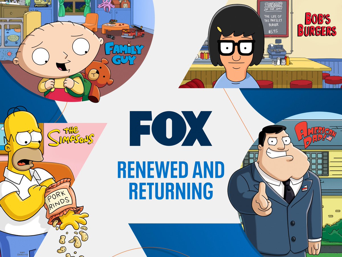 it's official: four more seasons of #TheSimpsons, #familyguy, and #bobsburgers are coming to #FOX! 

oh, and #americandad is back with four seasons too 💪💯