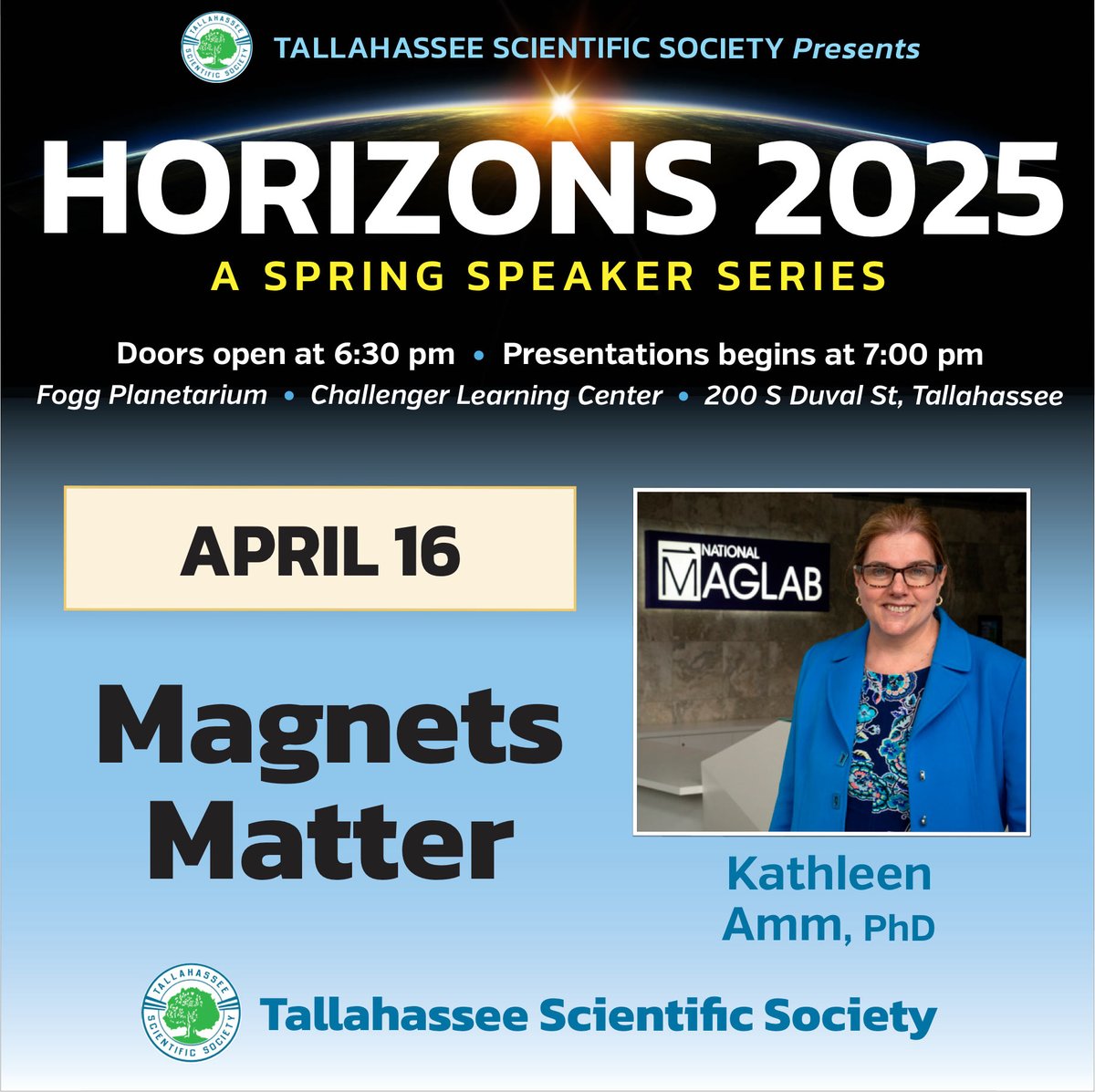 FSU Arts & Sciences (@fsuartssciences) on Twitter photo Save the date! ๐
On April 16, the Tallahassee Scientific Society is hosting <a href="/NationalMagLab/">National MagLab</a> director and #FSU physicist Kathleen Amm as part of the Horizons 2025 speaker series. Learn more: bit.ly/447Gl8Z Save the date! ๐
On April 16, the Tallahassee Scientific Society is hosting <a href="/NationalMagLab/">National MagLab</a> director and #FSU physicist Kathleen Amm as part of the Horizons 2025 speaker series. Learn more: bit.ly/447Gl8Z