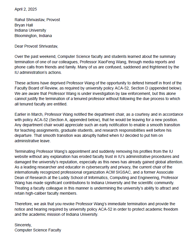 BREAKING: Faculty at the IU computer science dept sent the provost a letter asking him to reinstate fired professor XiaoFeng Wang. Story coming soon <a href="/WFIUWTIUNews/">WFIU/WTIU News</a>