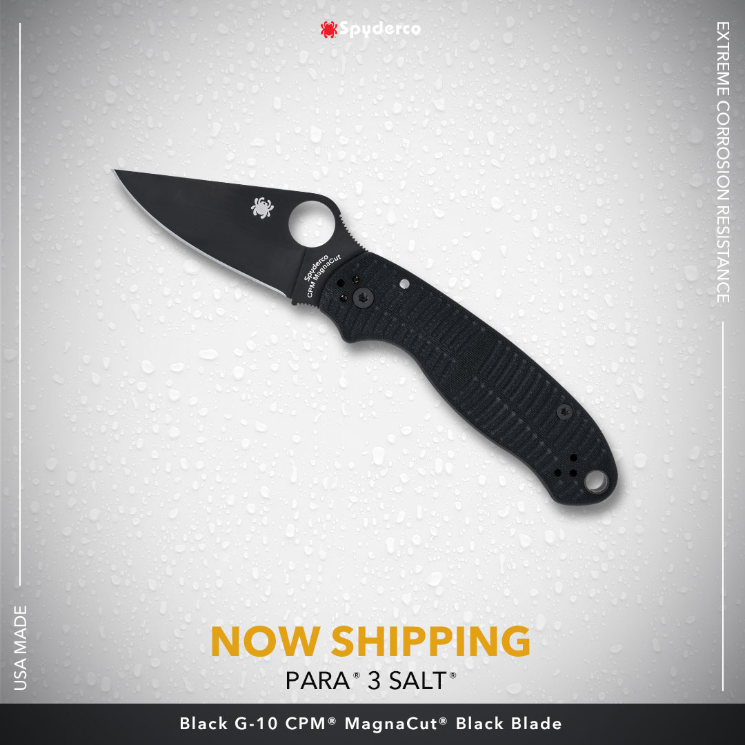 SpydercoKnives's tweet photo. Now Shipping!  The Para® 3 Salt®!  Look for it at your favorite Spyderco Dealer!  #Spyderco #SaltSeries #CPMMagnaCut https://t.co/EG4hQIKOw0