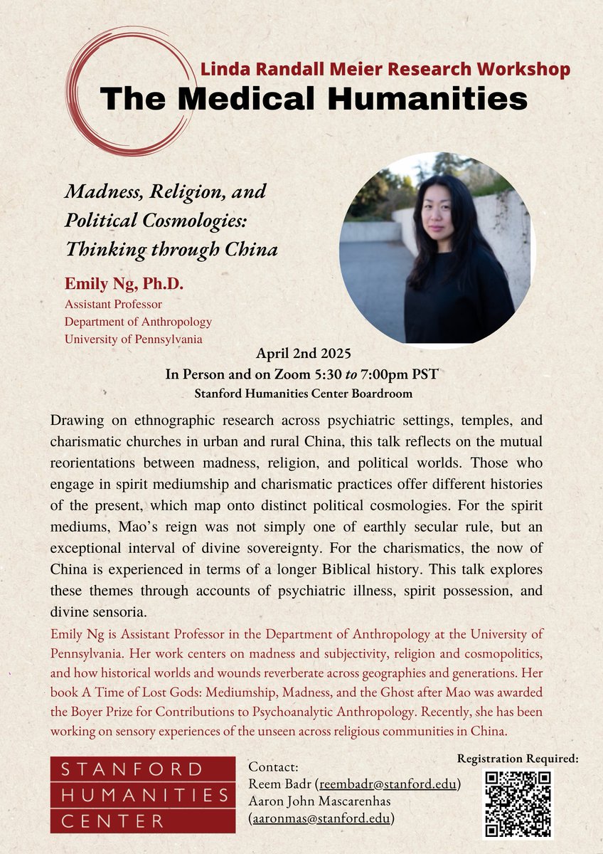 Join us today as we kick off the spring quarter Research Workshop series with The Medical Humanities, featuring a discussion with Prof. Emily Ng, 5:30–7:00PM (PDT).

Register ➡️bit.ly/42eD84U
