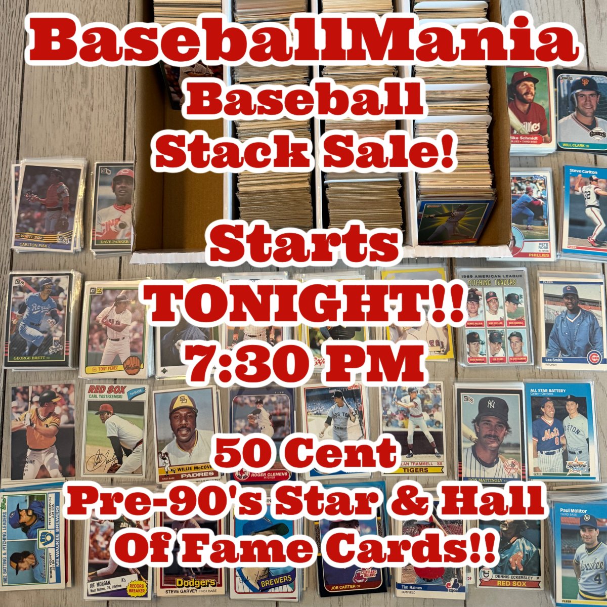 Night 1 of my #BaseballMania Stack Sale kicks off tonight at 7:30 eastern time!! 50 cent pre-90 star and Hall Of Fame cards tonight! Don't miss it!!