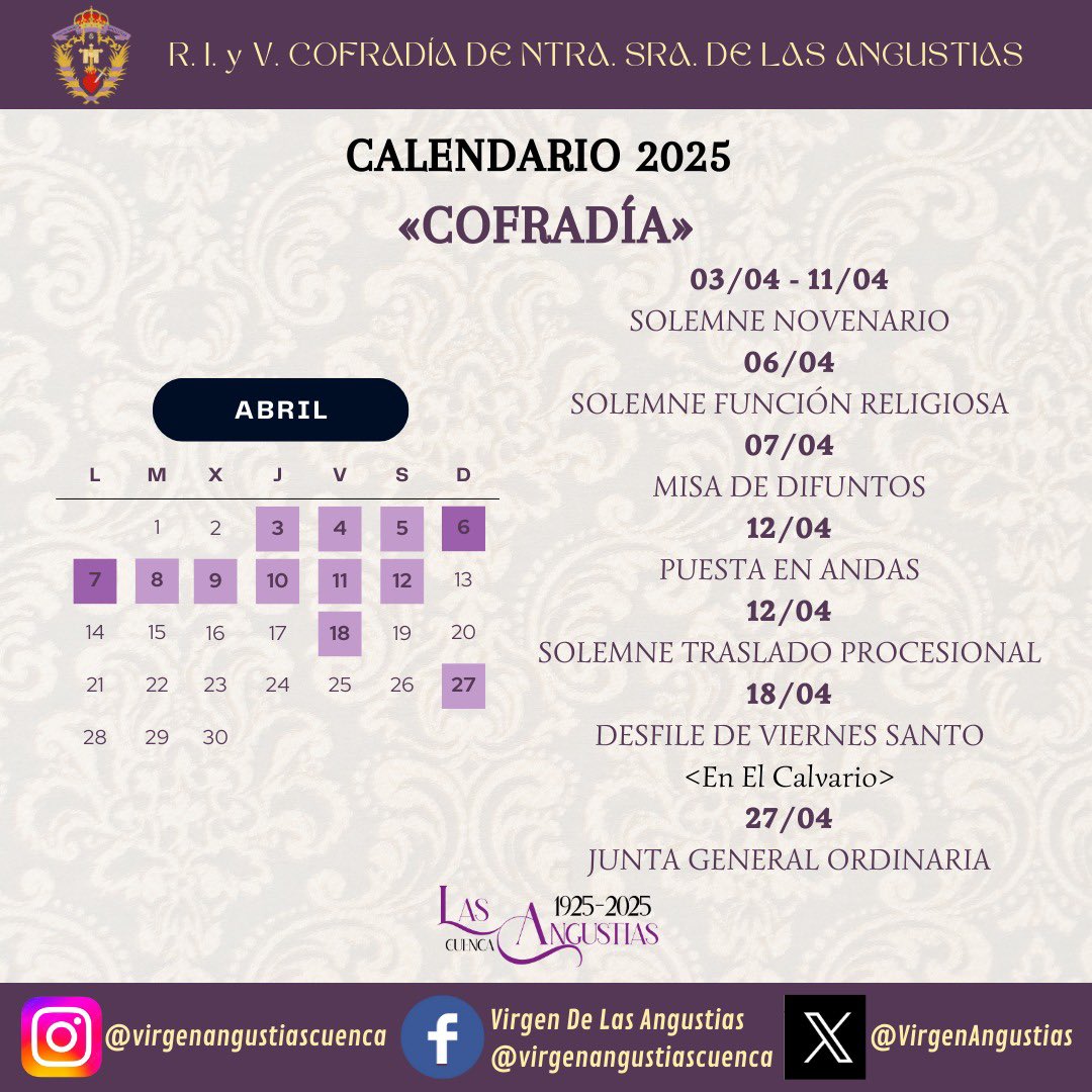 🗓️ Calendario de actos de abril de la Cofradía
