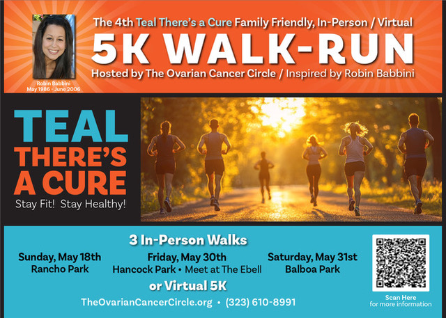 golabnow's tweet image. THE OVARIAN CANCER CIRCLE/INSPIRED BY ROBIN BABBINI is excited to bring together all you walkers and runners for the 4th “Teal There’s A Cure Family Friendly In Person/Virtual 5K Walk/Run”. Stay fit! Stay healthy! Registration is open! Sign up here: runsignup.com/Race/CA/LosAng…
