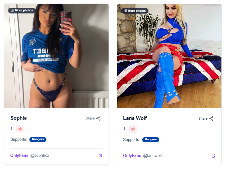 OnlyGirlsApp's tweet photo. **NEW** Rangers girl listed on https://t.co/wfYjWUp6Z0 
Which is your favourite? RT for newly added Sophie or like for Lana Wolf! Follow us to find more football loving 'only' fans https://t.co/G6fq8JI4Ld
