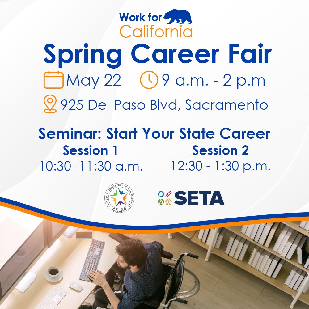 🎉 CalHR has partnered with SETA to host the #Work4CA Spring Career Fair! Explore the job opportunities available from over 30 state departments with the #StateOfCA.   

📅 May 22
🕘 9 a.m. – 2 p.m.
📍 925 Del Paso Blvd, Sacramento
🔗 tinyurl.com/ws4dbujr 

#CareerFair