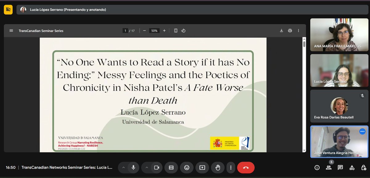 NTranscanadian's tweet image. We'd like to thank @LuciaSR94 for her amazing seminar “‘No one wants to read a story if it has no ending:’ Messy Feelings and the Poetics of Chronicity in Nisha Patel’s A Fate Worse than Death.” Thank you to everyone who participated in the very illuminating discussion afterward!