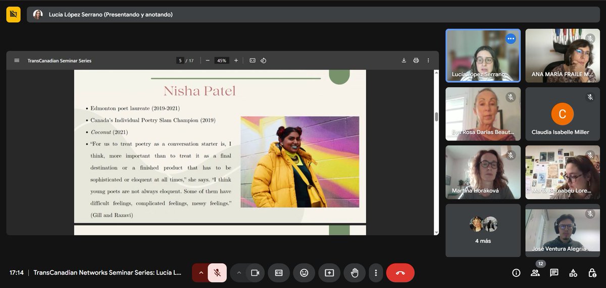 NTranscanadian's tweet image. We'd like to thank @LuciaSR94 for her amazing seminar “‘No one wants to read a story if it has no ending:’ Messy Feelings and the Poetics of Chronicity in Nisha Patel’s A Fate Worse than Death.” Thank you to everyone who participated in the very illuminating discussion afterward!
