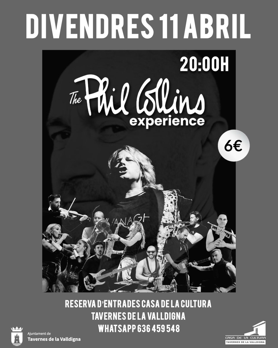Nuevo concierto amigos 🎶🎶🕺🏿🕺🏿🕺🏿

Os esperamos el proximo 1️⃣1️⃣ ABRIL 
⏰20:00h 
📍CASA DE LA CULTURA
Tavernes de la Valldigna (Valencia)

🎟️Reservas y recogida de entradas a partir del jueves 3 de Abril.
📲 Reservas al Whattsapp 636459548
6€ (precio único)
🚨(Aforo limitado) 🚨