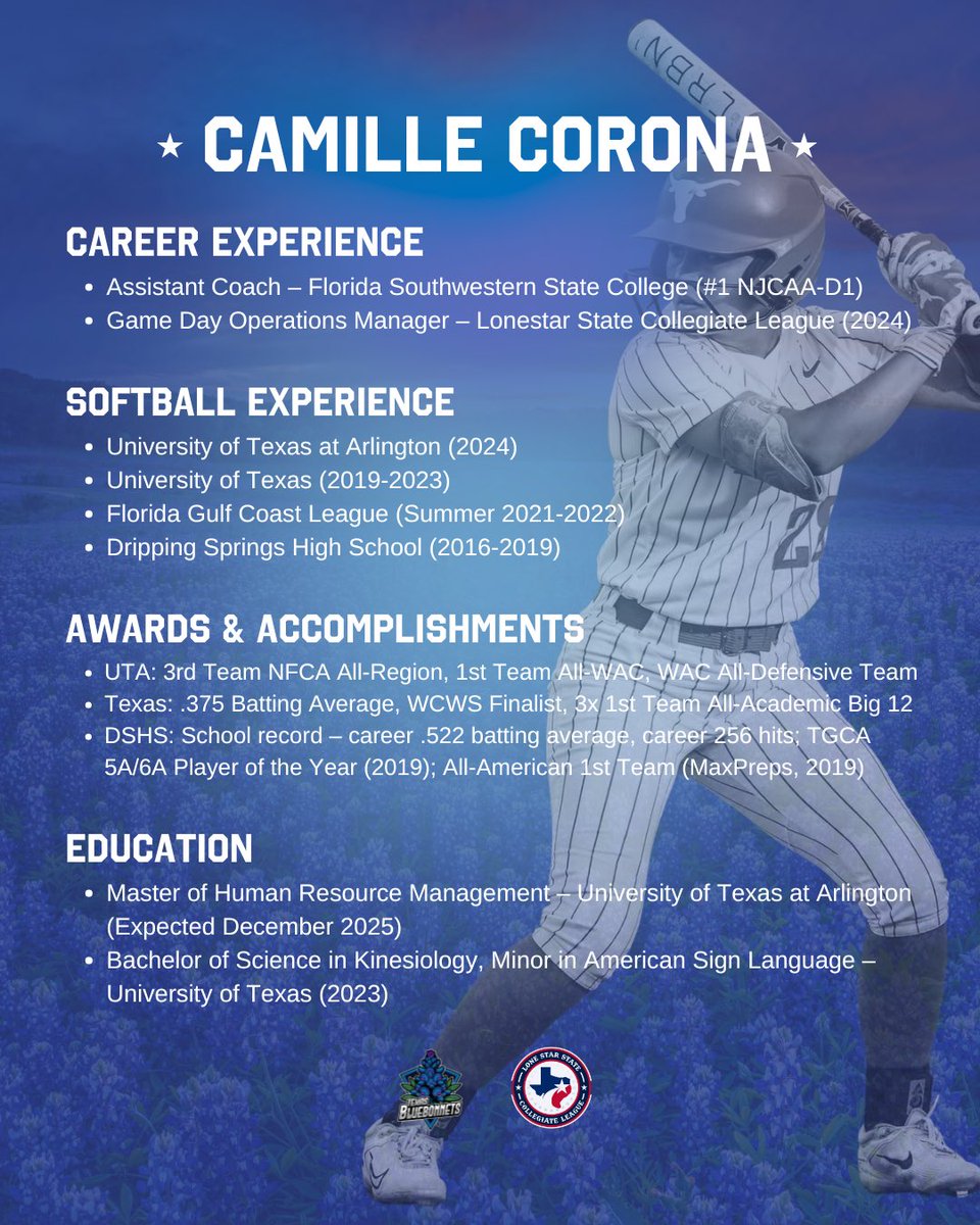 Lone Star State Collegiate League (@lonestarleague) on Twitter photo 📣 WELCOME COACH <a href="/CamilleCorona/">Camille Corona</a> ! 📣We’re excited to announce Texas native and former LSCL game day ops leader, as the Head Coach of the Texas Bluebonnets team! 🪻 Camille brings a wealth of experience both on & off the field, check out more in her resume below 👇 📣 WELCOME COACH <a href="/CamilleCorona/">Camille Corona</a> ! 📣We’re excited to announce Texas native and former LSCL game day ops leader, as the Head Coach of the Texas Bluebonnets team! 🪻 Camille brings a wealth of experience both on & off the field, check out more in her resume below 👇