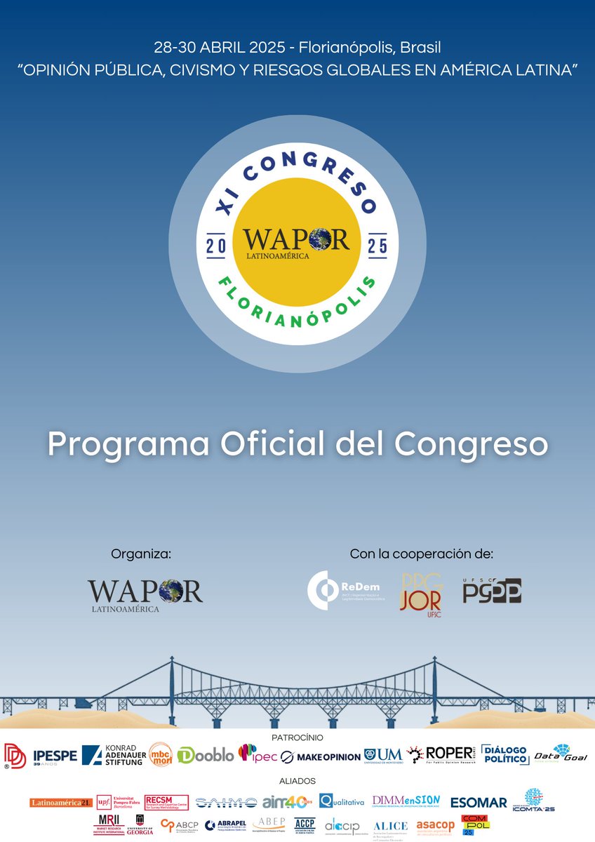 ¡El Programa Completo del XI Congreso WAPOR LATAM ya está disponible! 
🔗 Acceda en waporlatam2025.org/programa-sesio…
Planifica tu participación en el mayor evento sobre estudios de opinión pública, comportamiento electoral y comunicación política de América Latina.