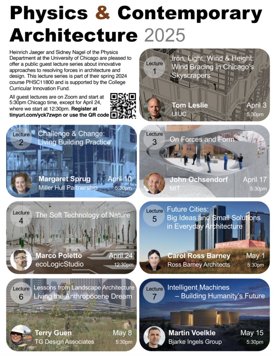 #UChicago #MRSEC Professors Heinrich Jaeger and Sidney Nagel are offering Physics &amp; Contemporary Architecture, a virtual guest lecture series starting April 3.     

Register here: tinyurl.com/yck7zwpn