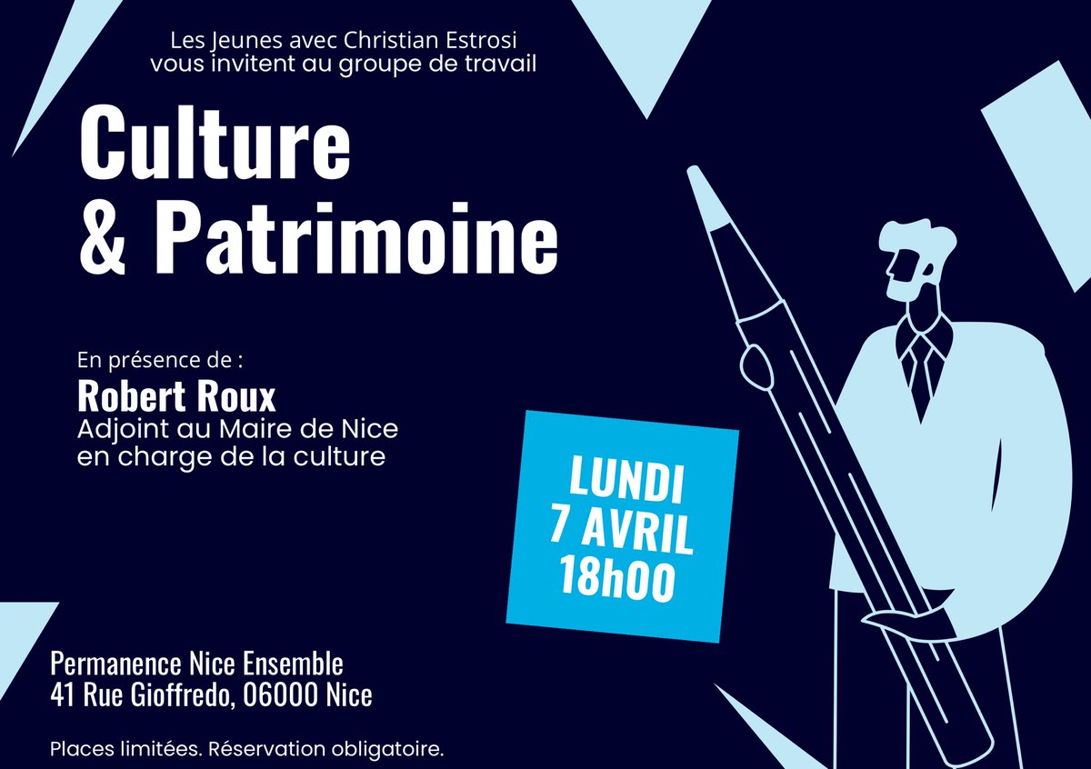 Jeunes avec Estrosi (@avec_estrosi) on Twitter photo 🎭 On se retrouve déjà pour un nouveau groupe de travail ! Lundi 7 avril, à 18h, venez échanger avec <a href="/RobertRoux_Nice/">Robert ROUX</a> sur le thème Culture et Patrimoine.
👉 Pour nous rejoindre, rendez-vous ici : linktr.ee/jeunesavecestr… 🎭 On se retrouve déjà pour un nouveau groupe de travail ! Lundi 7 avril, à 18h, venez échanger avec <a href="/RobertRoux_Nice/">Robert ROUX</a> sur le thème Culture et Patrimoine.
👉 Pour nous rejoindre, rendez-vous ici : linktr.ee/jeunesavecestr…